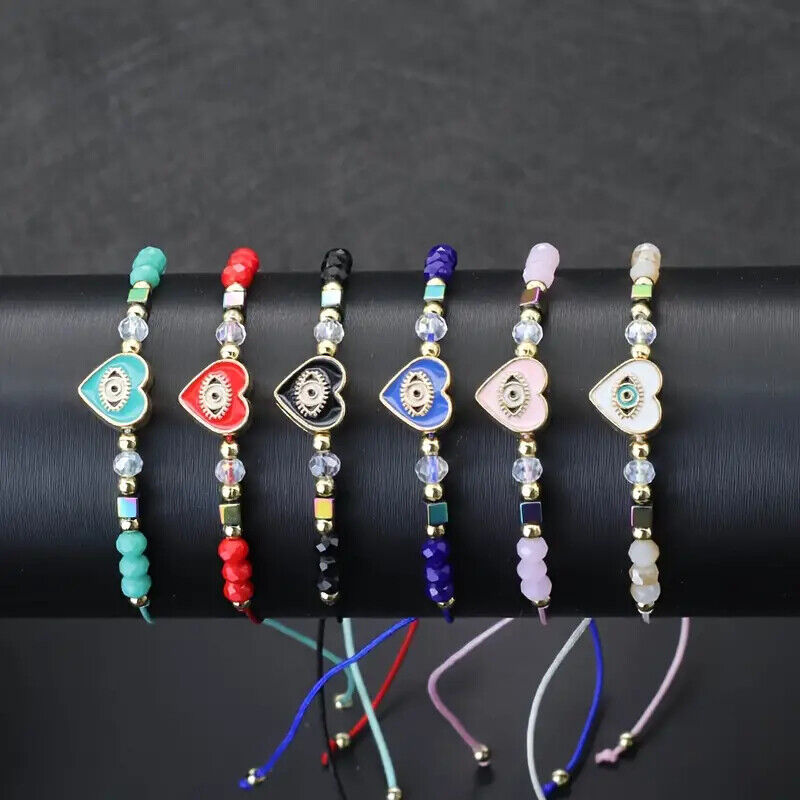 Evil Eye Heart Charm and Beads Adjustable Braided Bracelet