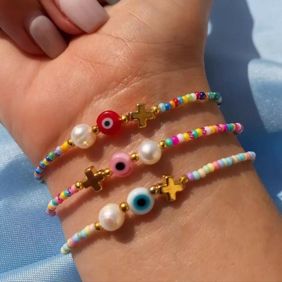 Evil Eye Greek Mati Cross Charm Pearl Colourful Seed Beaded Bracelet