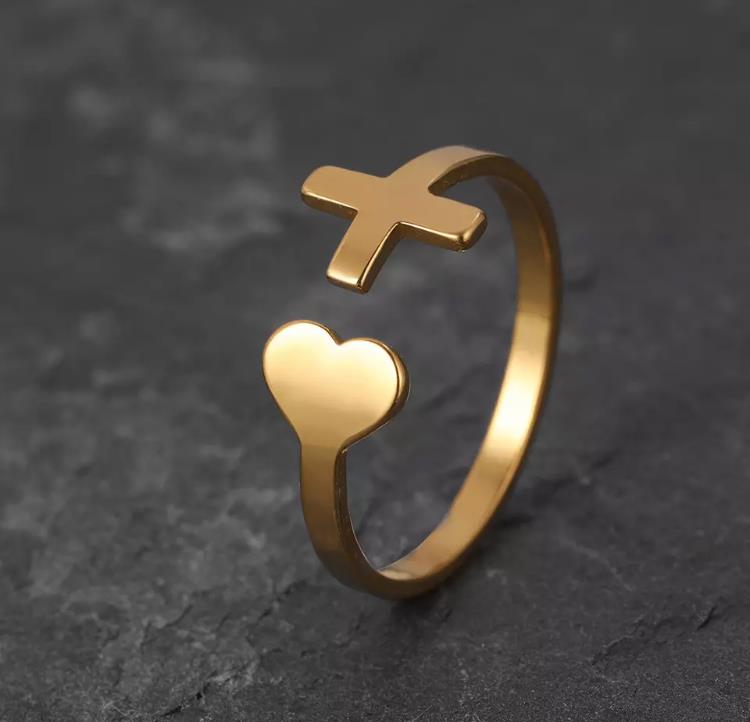 Stainless Steel Gold Cross Heat Adjustable Open Finger Ring