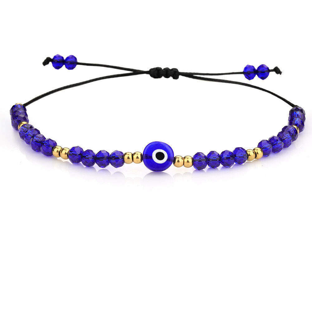 Evil Eye Greek Mati Handmade Adjustable Silk Cord Crystal Bead Bracelet