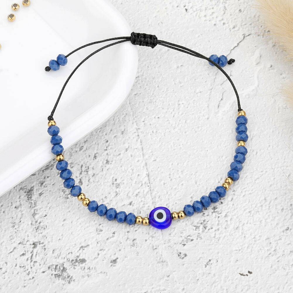 Evil Eye Greek Mati Handmade Adjustable Silk Cord Crystal Bead Bracelet