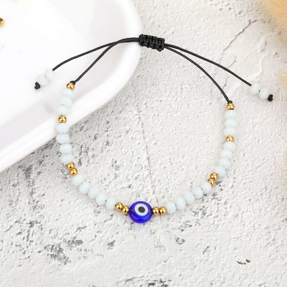 Evil Eye Greek Mati Handmade Adjustable Silk Cord Crystal Bead Bracelet