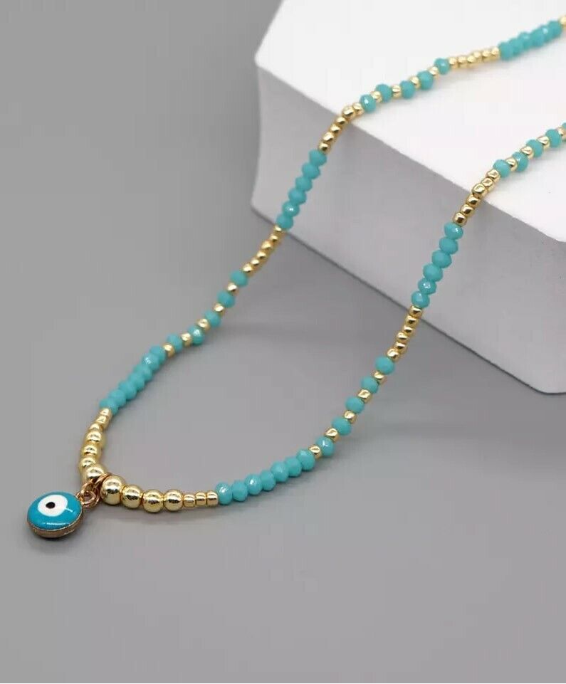 Evil Eye Greek Mati Gold Plated Beaded Crystal Necklace