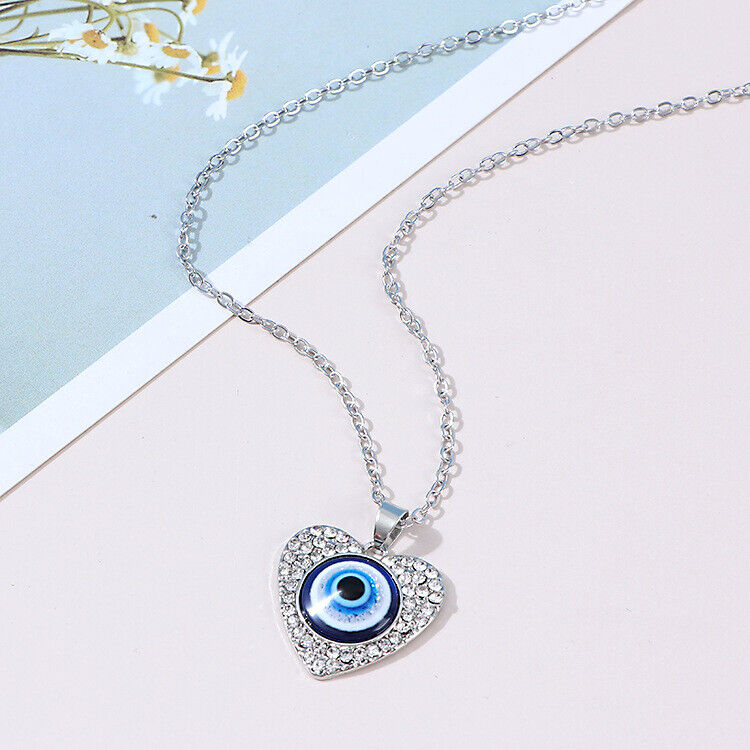 Evil Eye Round Heart Crystal Rhinestone Pendant Necklace