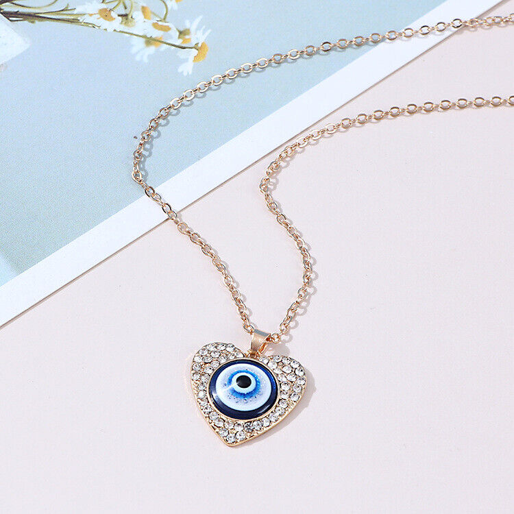 Evil Eye Round Heart Crystal Rhinestone Pendant Necklace