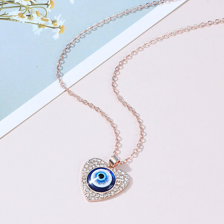 Evil Eye Round Heart Crystal Rhinestone Pendant Necklace