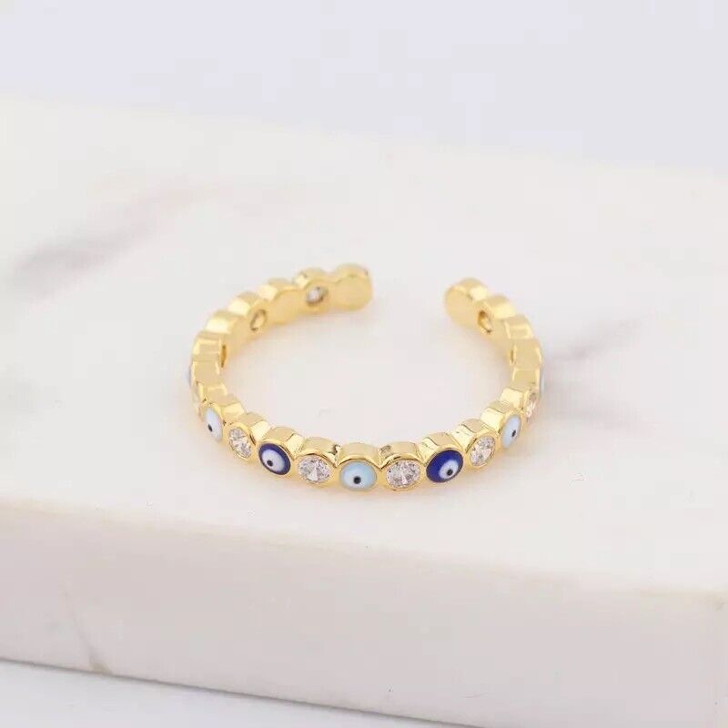 Evil Eye Greek Mati 18K Gold Plated Adjustable Open Ring