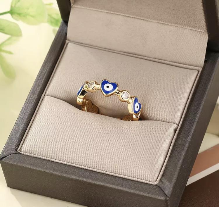 Evil Eye Greek Mati Stainless Steel Gold Plated Heat Shape Adjustable Ring