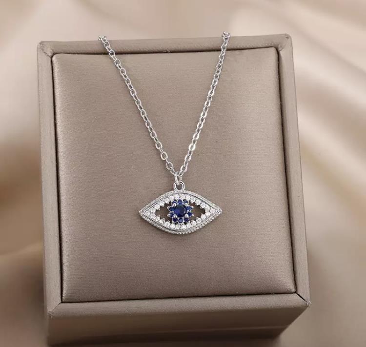 Evil Eye Greek Mati Stainless Steel Oval Pendant Necklace