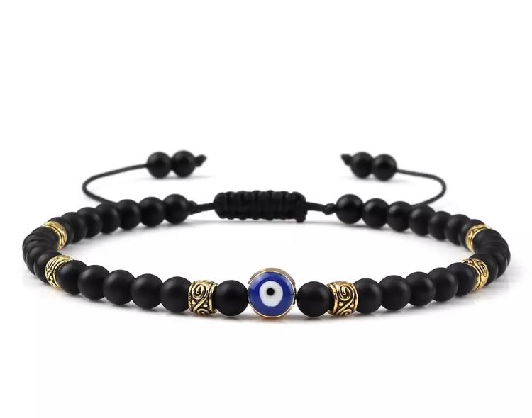 Evil Eye Greek Mati Natural Stone 4mm Beaded Adjustable Bracelet