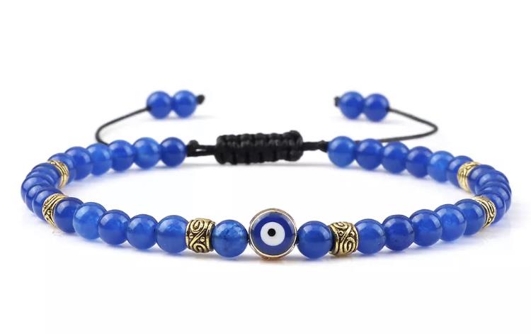 Evil Eye Greek Mati Natural Stone 4mm Beaded Adjustable Bracelet