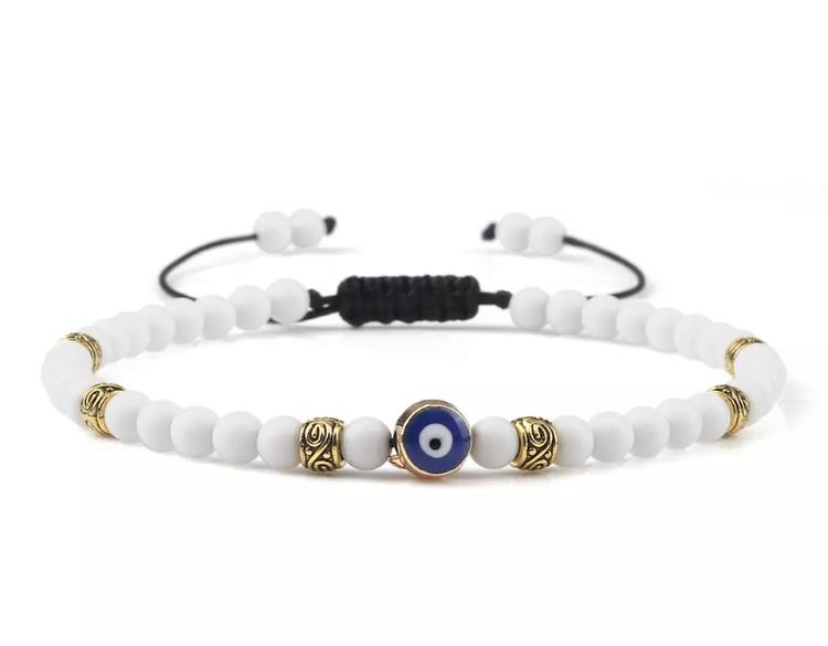 Evil Eye Greek Mati Natural Stone 4mm Beaded Adjustable Bracelet