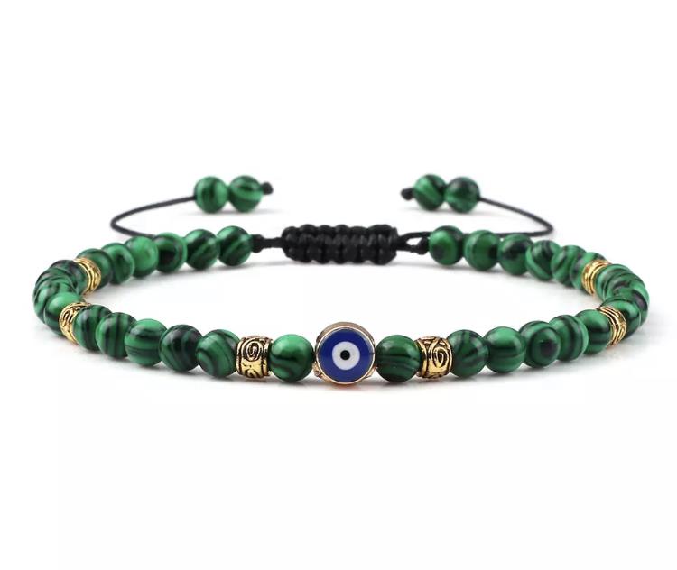 Evil Eye Greek Mati Natural Stone 4mm Beaded Adjustable Bracelet