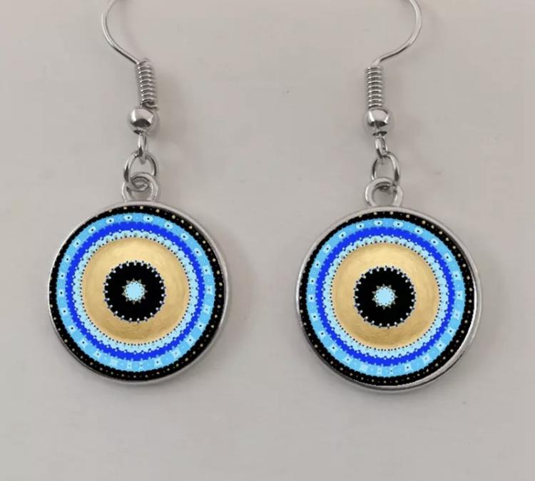 Evil Eye Greek Mati Handmade Round Glass Dangle Drop Hook Earrings