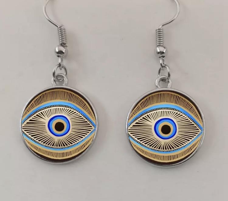 Evil Eye Greek Mati Handmade Round Glass Dangle Drop Hook Earrings