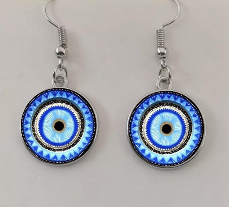 Evil Eye Greek Mati Handmade Round Glass Dangle Drop Hook Earrings