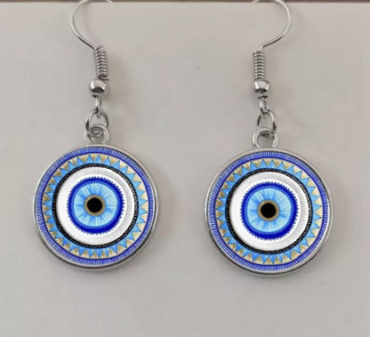 Evil Eye Greek Mati Handmade Round Glass Dangle Drop Hook Earrings