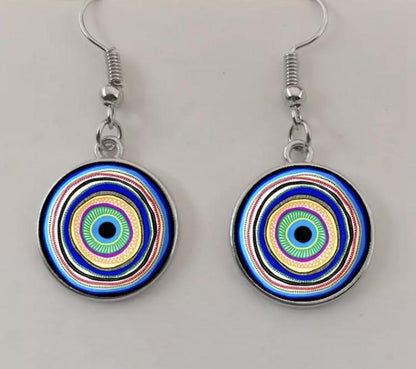 Evil Eye Greek Mati Handmade Round Glass Dangle Drop Hook Earrings