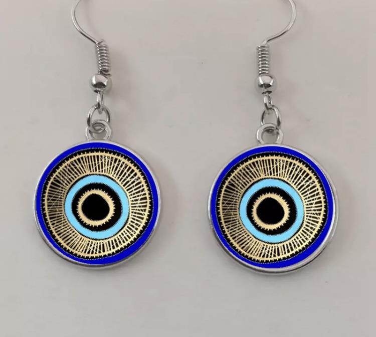 Evil Eye Greek Mati Handmade Round Glass Dangle Drop Hook Earrings