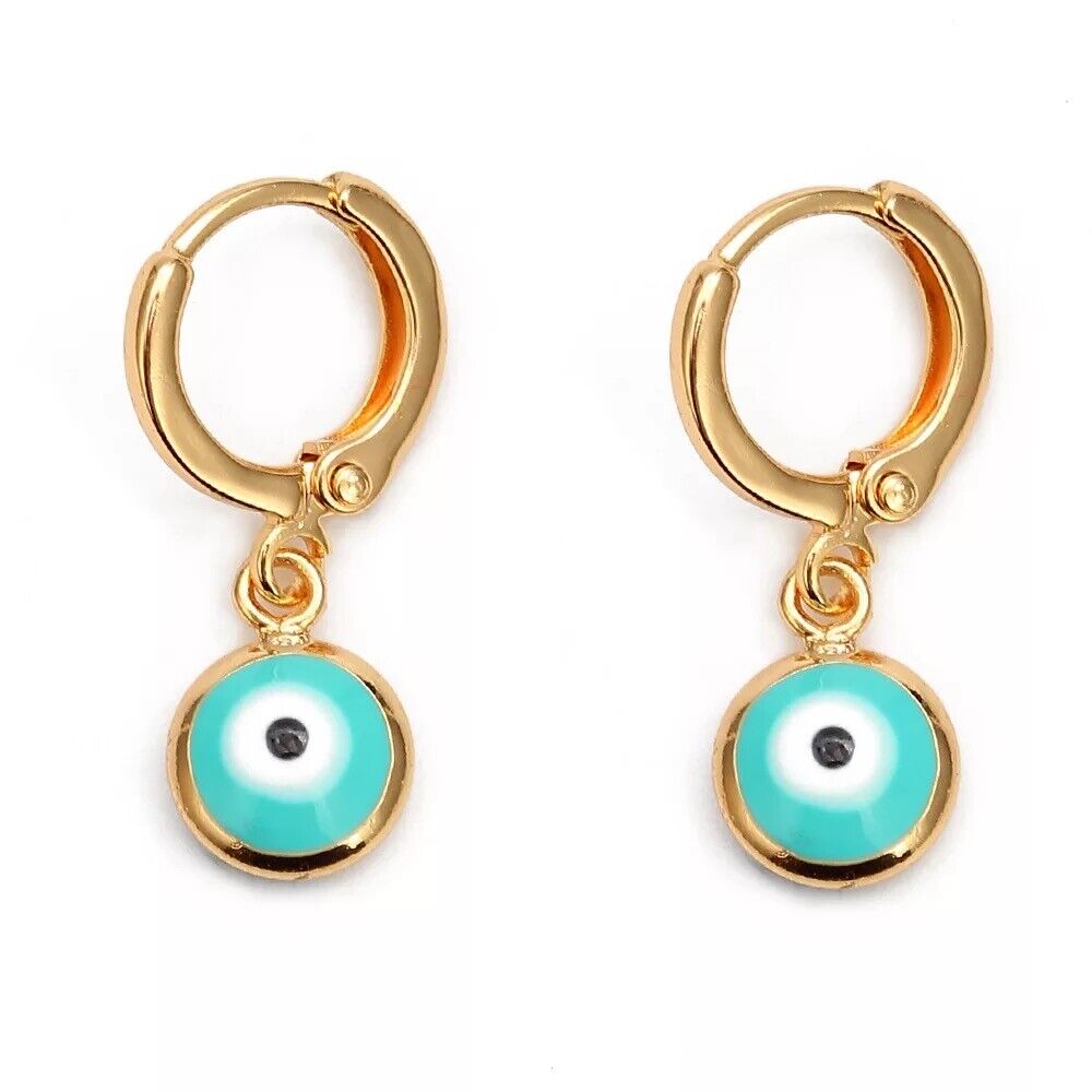 Evil Eye Greek Mati Handmade 18K Gold Plated Dangle Drop Charm Earrings