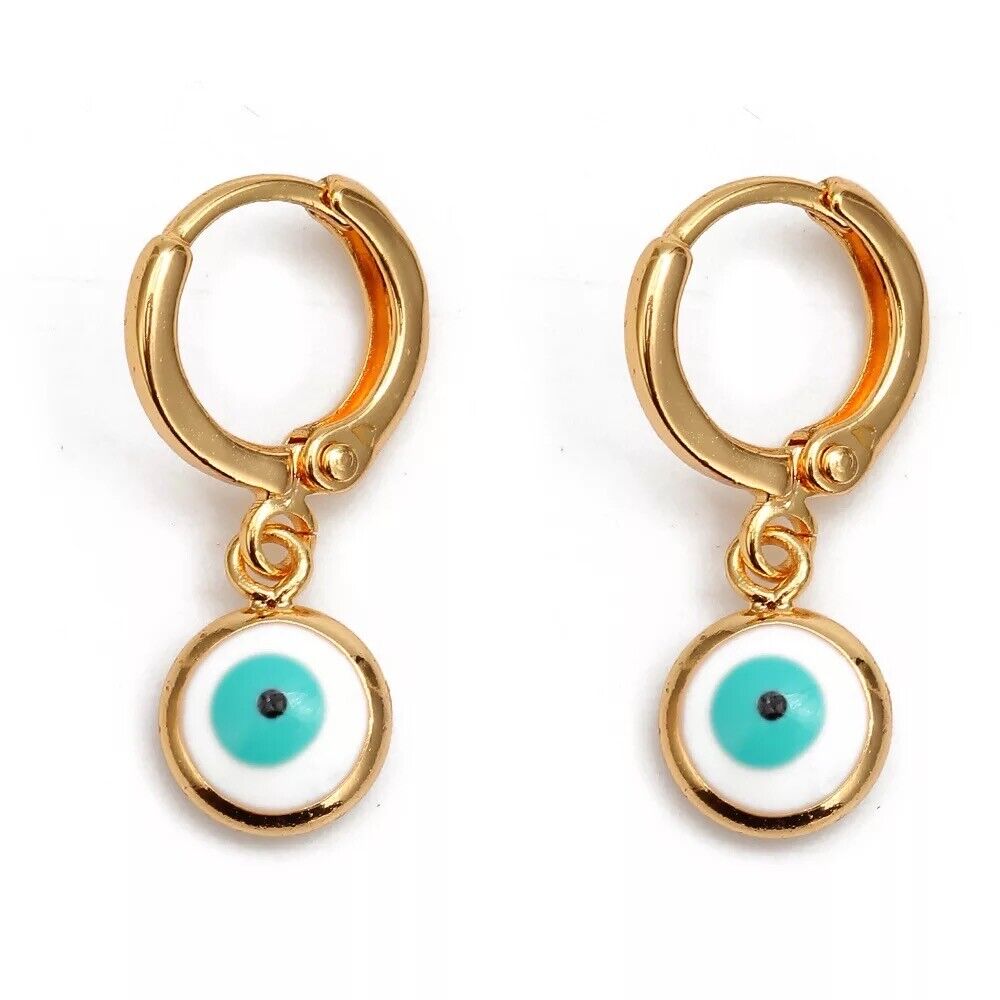 Evil Eye Greek Mati Handmade 18K Gold Plated Dangle Drop Charm Earrings