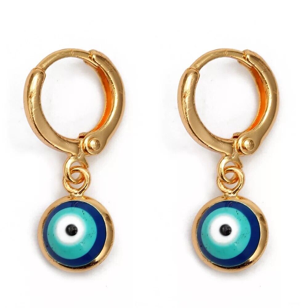 Evil Eye Greek Mati Handmade 18K Gold Plated Dangle Drop Charm Earrings