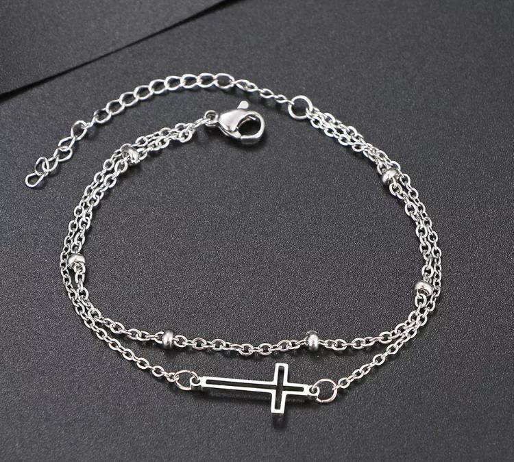 Stainless Steel Double Layer Cross Charm Chain Bracelet