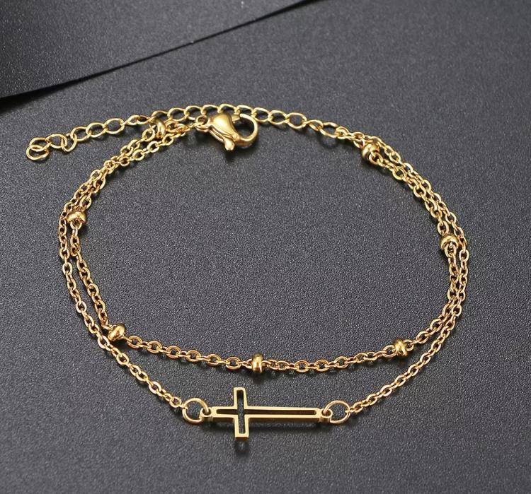 Stainless Steel Double Layer Cross Charm Chain Bracelet