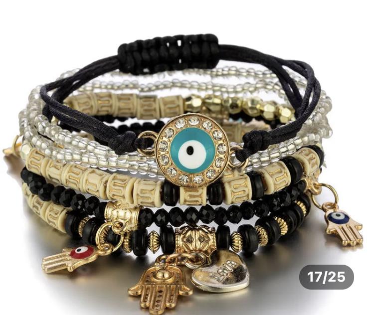 Evil Eye Greek Mati Multi-layer Beaded Stretch Bracelet Set