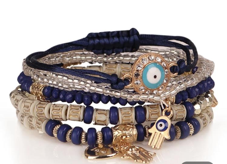 Evil Eye Greek Mati Multi-layer Beaded Stretch Bracelet Set