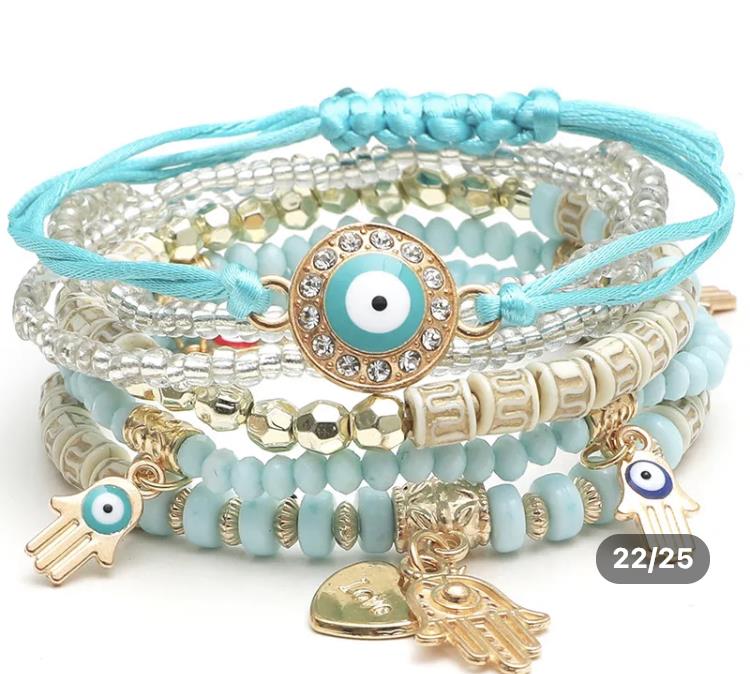 Evil Eye Greek Mati Multi-layer Beaded Stretch Bracelet Set