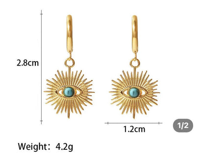 Evil Eye Greek Mati 18K Gold Stainless Steel Natural Stone Sun Earrings