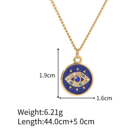 Evil Eye Greek Mati 18K Gold Stainless Steel Enamel Round Pendant Necklace