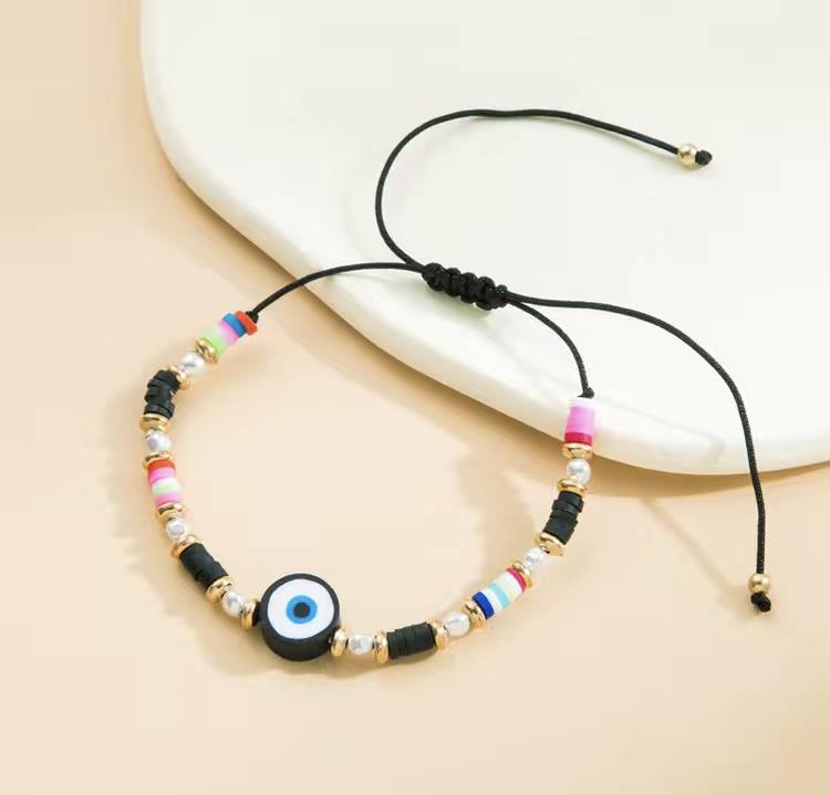 Evil Eye Greek Turkish Mati Adjustable Drawstring Clay Beaded Bracelet