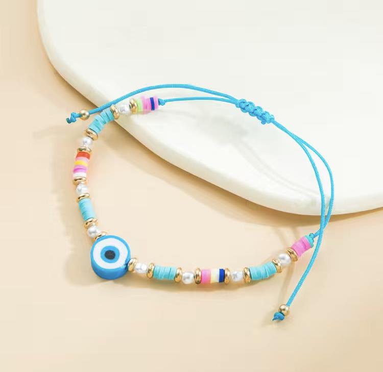 Evil Eye Greek Turkish Mati Adjustable Drawstring Clay Beaded Bracelet