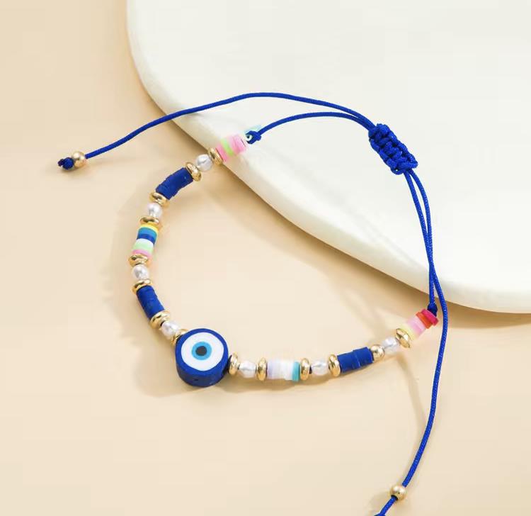 Evil Eye Greek Turkish Mati Adjustable Drawstring Clay Beaded Bracelet