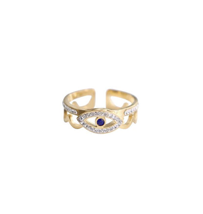 Evil Eye Greek Mati 18K Gold Stainless Steel Hollow Opening Zircon Ring