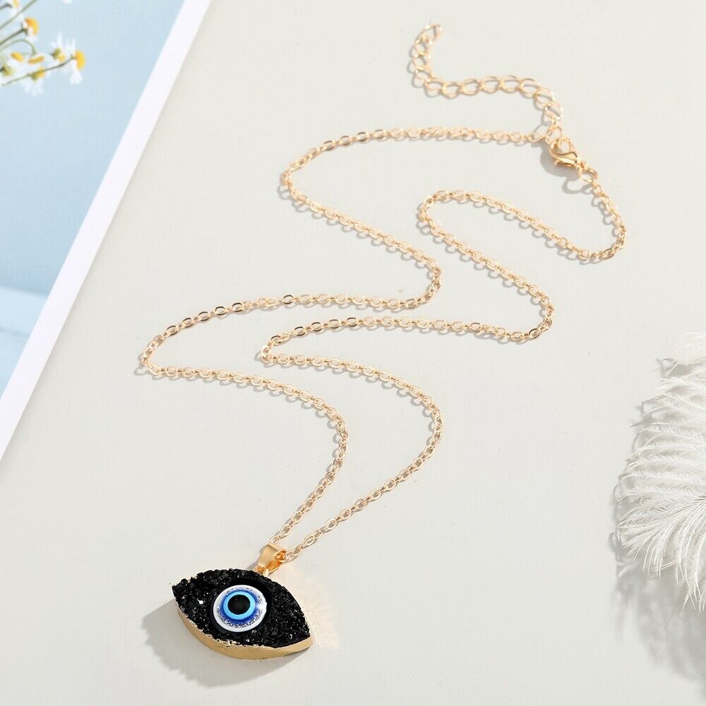 Evil Eye Greek Mati Gold Plated Resin Druzy Stone Pendant Necklace