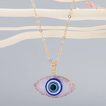 Evil Eye Greek Mati Gold Plated Resin Druzy Stone Pendant Necklace