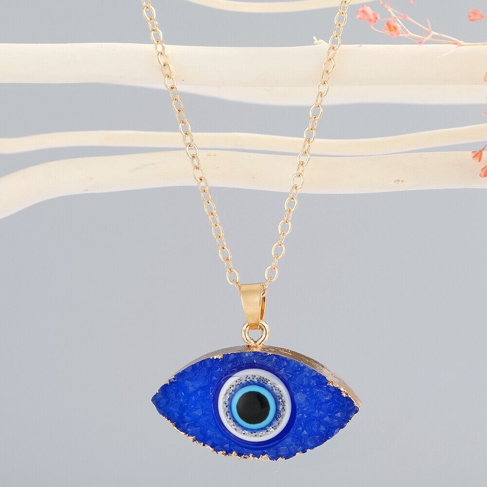 Evil Eye Greek Mati Gold Plated Resin Druzy Stone Pendant Necklace