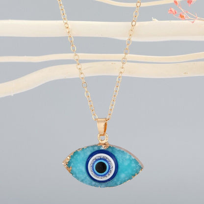 Evil Eye Greek Mati Gold Plated Resin Druzy Stone Pendant Necklace