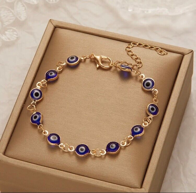 Evil Eye Gold Plated Link Chain Charm Bracelet