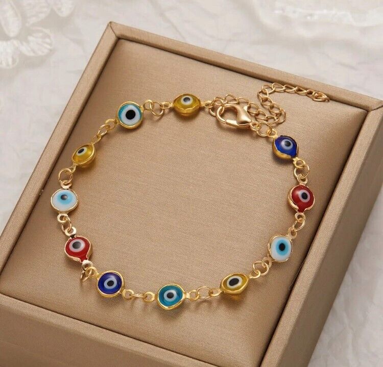 Evil Eye Gold Plated Link Chain Charm Bracelet