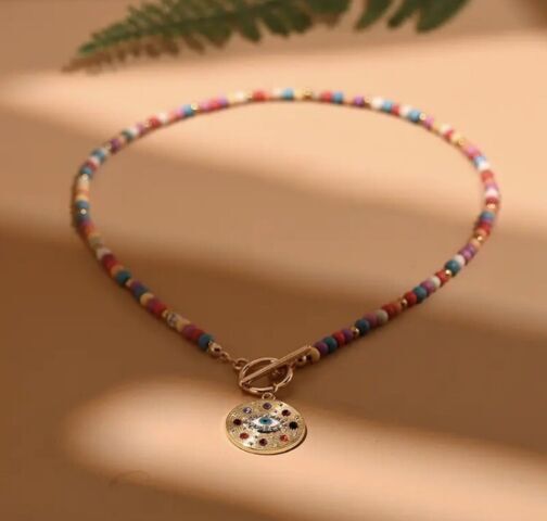 Evil Eye 4mm Stone Beads Round Charm Pendant Chocker Necklace