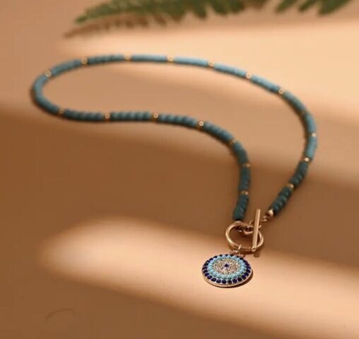 Evil Eye 4mm Stone Beads Round Charm Pendant Chocker Necklace