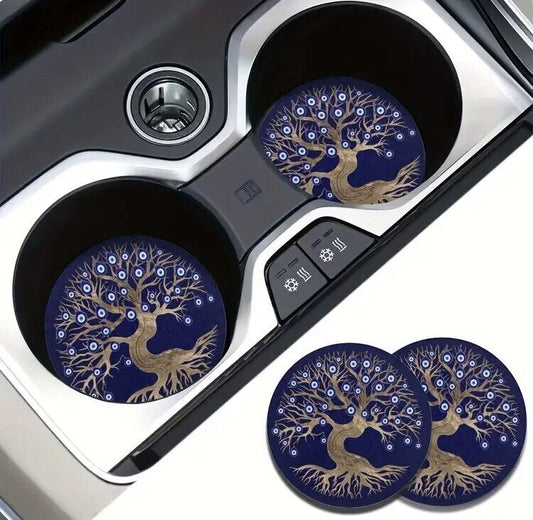 2pcs Tree Of Life Evil Eye Water Absorbable Car Cup Holder Coaster Mats