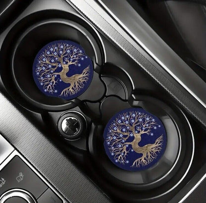 2pcs Tree Of Life Evil Eye Water Absorbable Car Cup Holder Coaster Mats