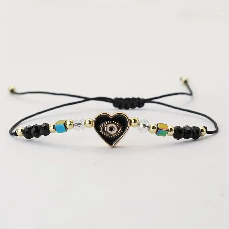 Evil Eye Heart Charm and Beads Adjustable Braided Bracelet