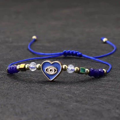 Evil Eye Heart Charm and Beads Adjustable Braided Bracelet