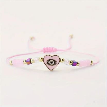 Evil Eye Heart Charm and Beads Adjustable Braided Bracelet